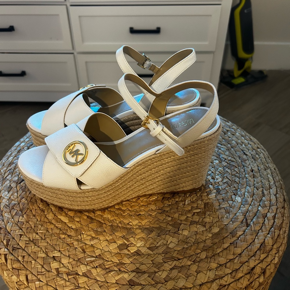 Michael Kors White and Tan Wedge Sandals